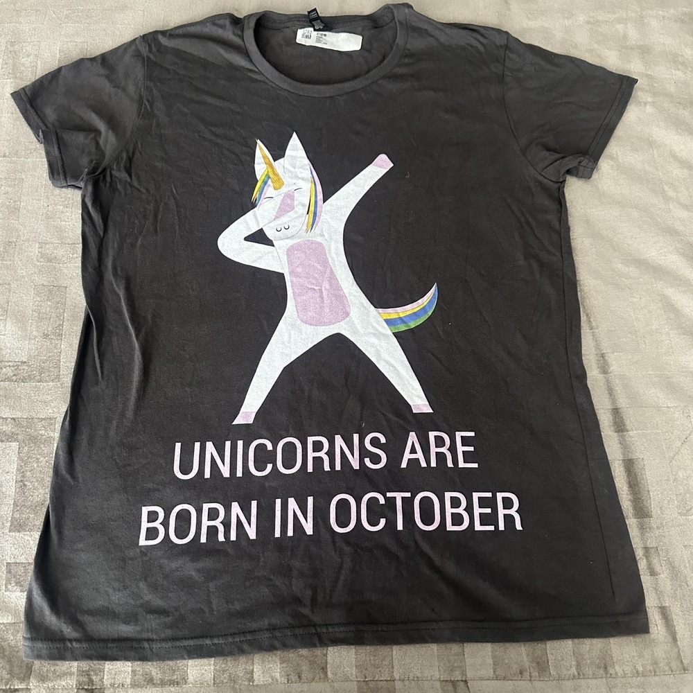 Anvil Shirt Womens Large Gray Unicorns Are Born In October Graphic Birthday Tee